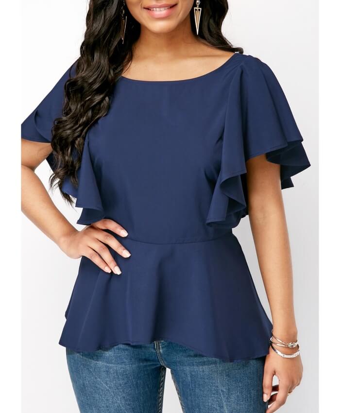 V Back Navy Blue Butterfly Sleeve Blouse